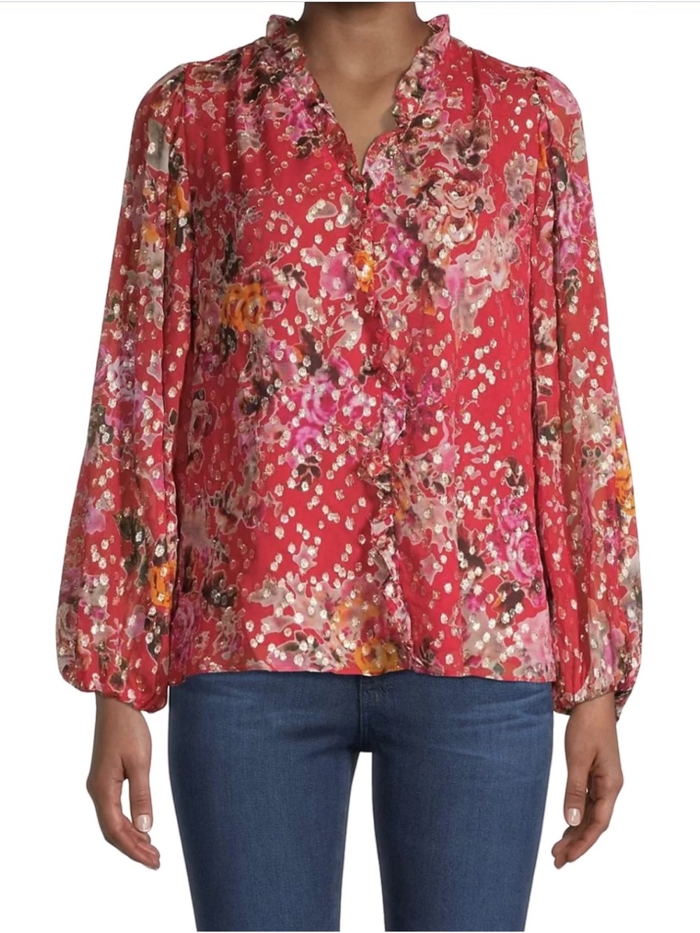 Floral Ruffle V-Neck Blouse - Red blouse